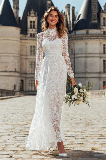 Ivory High Neck A Line Lace Long Engagement Dress